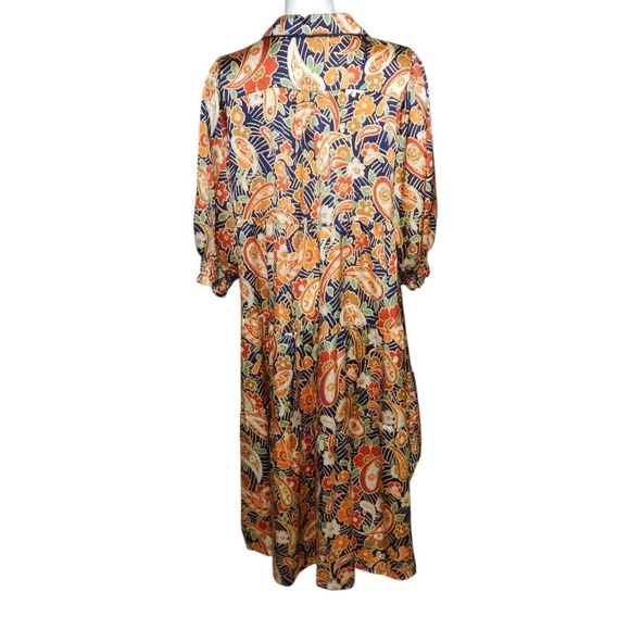 Umgee+ Julian Satin Paisley Midi Dress Size 1XL Blue Orange 3/4 Puff Sleeve - Picture 3 of 6